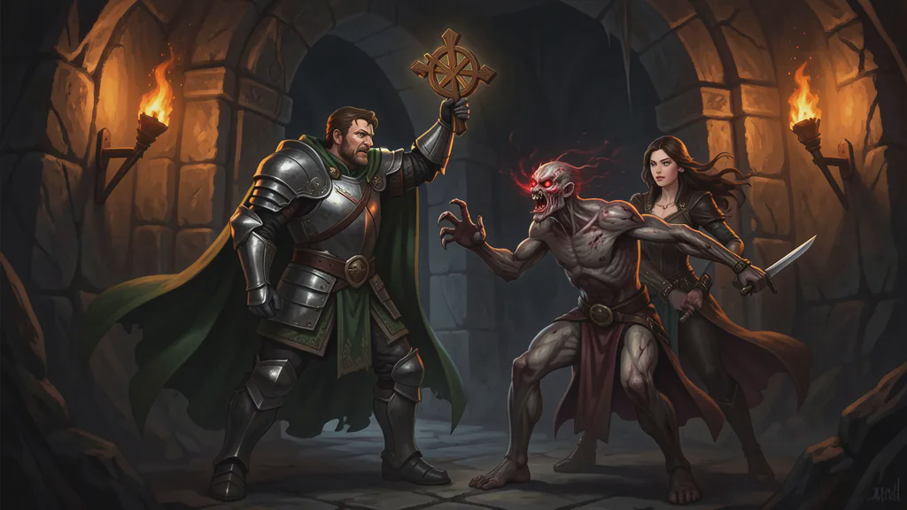 In a torch-lit stone barrow doorway, a broad-shouldered man in plate armor and a green cloak holds up a holy symbol against a gaunt, fast-moving zombie with red-tinged eyes lunging at him, while a noblewoman with a dagger stands ready at his shoulder.