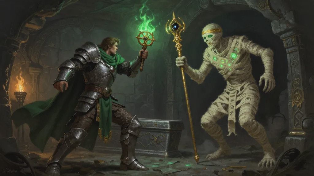 A cleric in a green cloak holds up a holy symbol as a linen-wrapped mummy recoils into the corner of a tomb