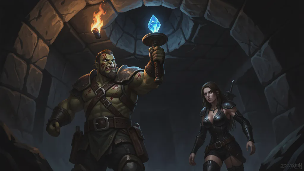 A tall half-orc strains to lift a guttering torch toward a dark niche high in a barrow ceiling where a gemstone glints, a woman thief watching from below.