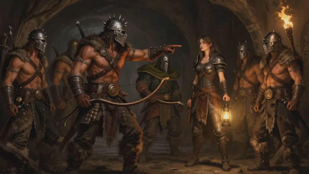 Bare-chested men in spiked iron caps and fur-trimmed boots fill a torchlit barrow passage, the largest in a featureless metal mask pointing at a tall young woman in leather armor who holds a lantern and stares back at him
