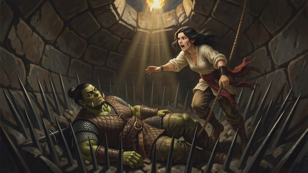 Irulan crumpled at the bottom of a spiked pit, a spike through her side, as Clarice climbs down a rope toward her in torchlight from above.
