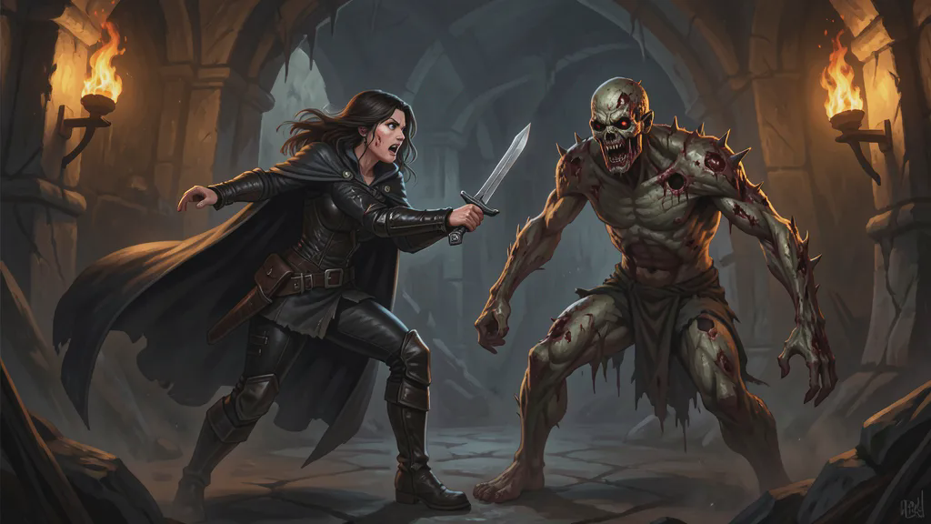 A woman thief in dark leathers makes a desperate last stand with a short sword against a shambling rotted zombie in a torch-lit barrow chamber.