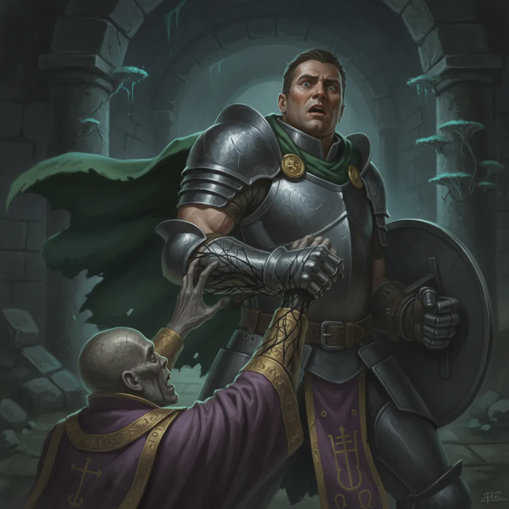 Bancroft recoils in horror as an undead Huecuva priest in rotted purple vestments touches his arm, dark corruption spreading visibly from the contact
