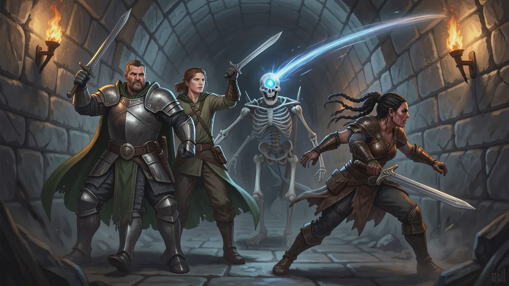 In a narrow barrow corridor, a man in plate armor and a green cloak and a lean ranger stand shoulder to shoulder holding the line against a skeleton with a glowing blue sapphire set in its forehead, while a half-orc woman with braided hair darts past them with a longsword and a streak of magical light flies overhead.