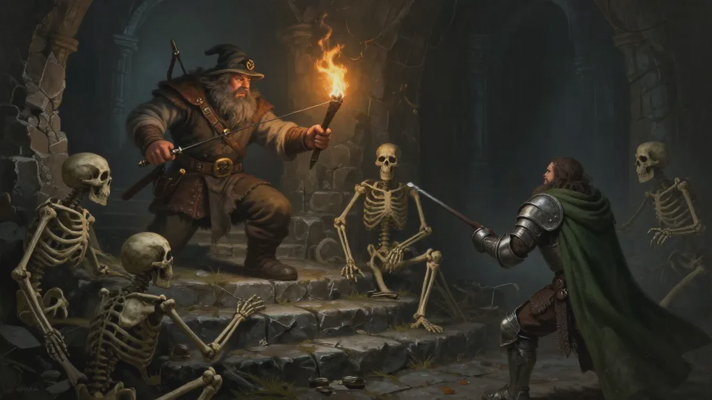 A dwarf archer strikes a torch alight in pitch darkness, revealing stone-crusted skeletons on the stairs