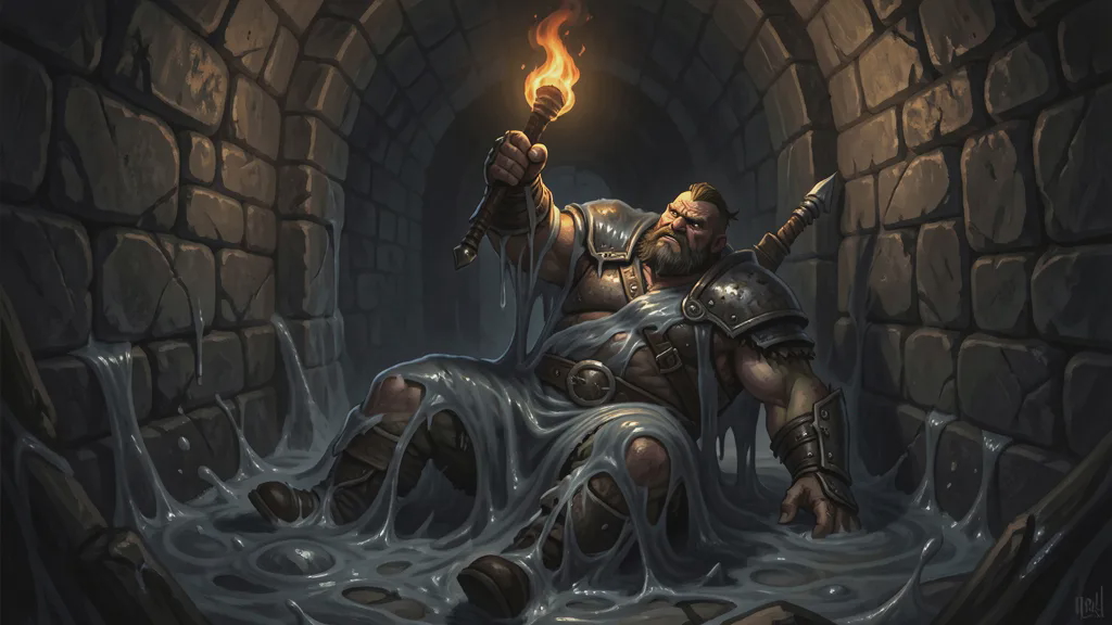 A grey ooze surges over a broad-shouldered half-orc mercenary as he holds a torch aloft in a cramped barrow corridor, the man going down in the dark.