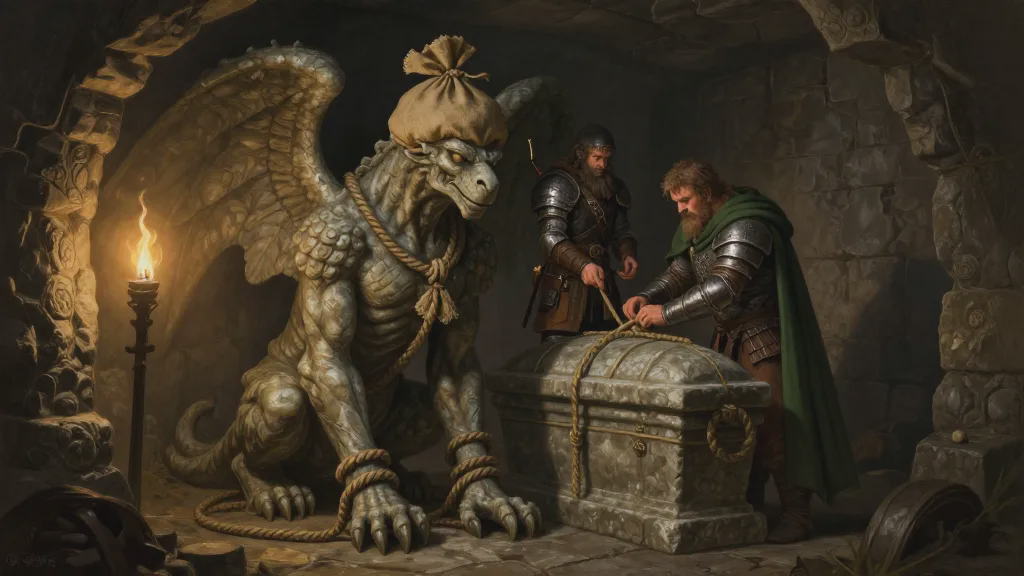 The party binds a stone gargoyle with rope while a sealed sarcophagus waits behind it