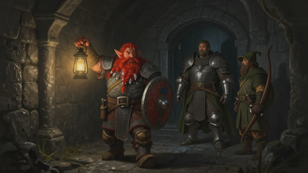 A red-haired dwarf with crystals braided in his beard walks up a dark barrow corridor holding a lantern out ahead of him, chainmail and shield on, toward a plate-armored man and a dwarf archer waiting in a crypt doorway
