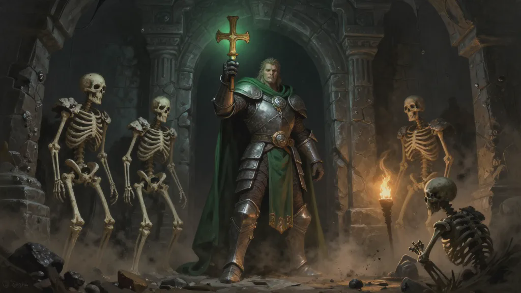 A cleric in plate and green cloak holds up a glowing holy symbol as three stone-crusted skeletons stand unmoved
