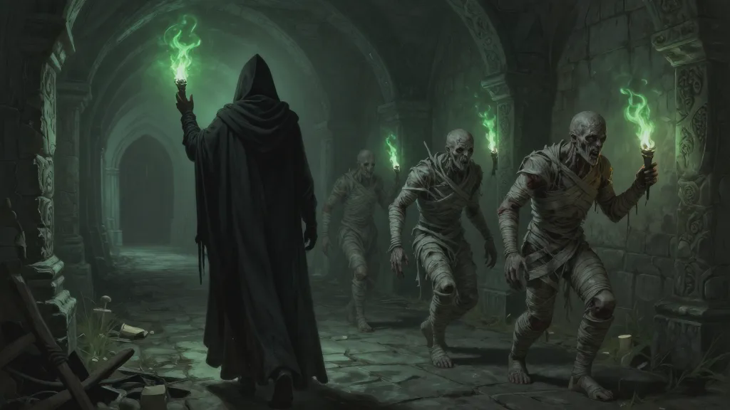 A figure in a black hooded cloak walking away down a green-lit barrow corridor with one hand raised, three shambling wrapped corpses following him in single file