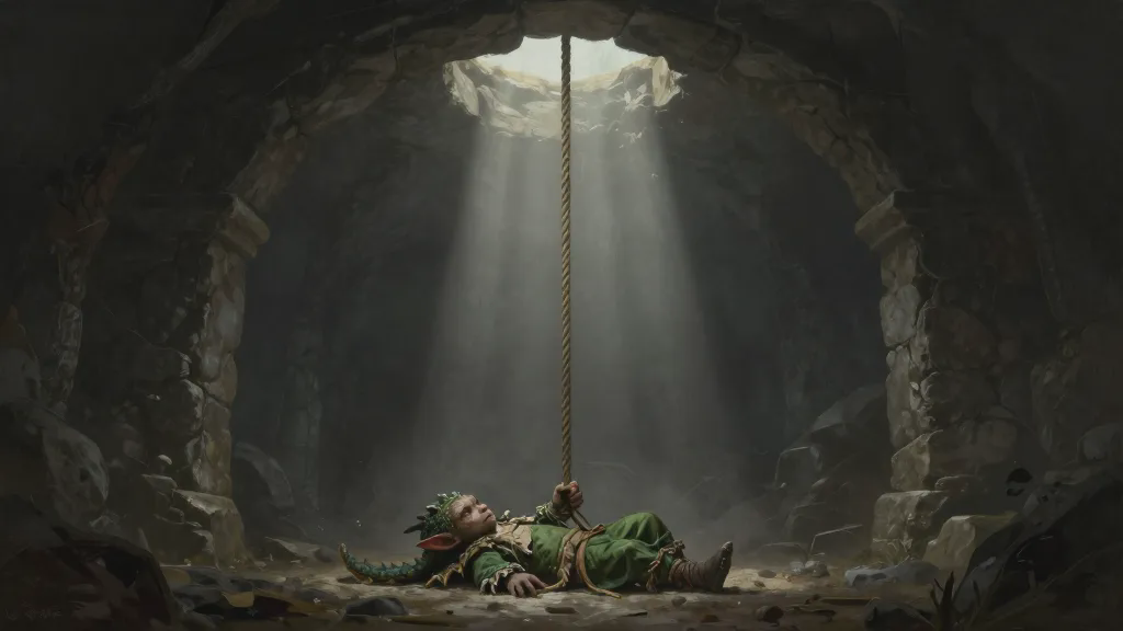 A small goblin in a green dragon costume lying at the foot of a rope on the floor of a stone shaft, still holding the rope, looking up at the daylight far above