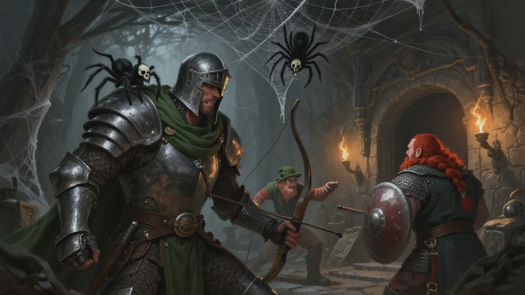 Black spiders with white skull markings drop from a web-choked crypt ceiling, one already on the helmet of a plate-armored man in a green cloak, while a dwarf in a green hat shouts behind him and a red-bearded dwarf with a round shield backs toward a torchlit door