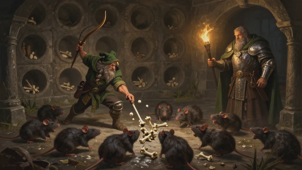 A dwarf archer in a green hat flings a handful of bones across a crypt floor to eight snarling giant rats while a cleric in plate holds up a torch