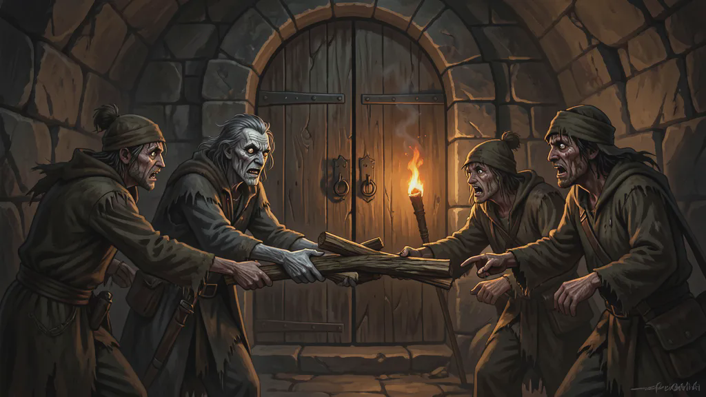 A wild-eyed man hands split firewood to four ragged tomb robbers before a closed stone door, a single torch guttering low between them.
