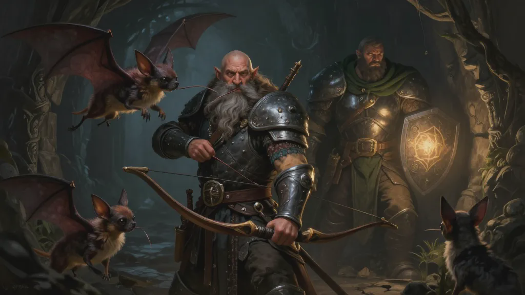 A dwarf archer swarmed by three chihuahua-sized bat creatures with long proboscises in a dark passage, one latched to his face, a glowing shield behind him