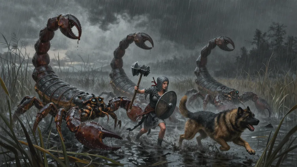 Three enormous scorpions closing in through rain-lashed swamp reeds, a woman in a mail coif swinging a mace with her shield up, a large war dog running past her through the mud, grey driving rain
