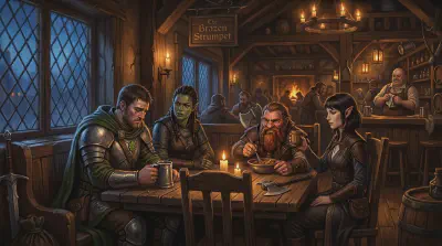 Bancroft, Anister, and the new elven thief Clarice sit around a booth at the Brazen Strumpet at evening, firelight on dark wood, an empty halfling-sized gap left at the table where Riyou used to sit