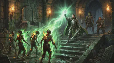 Bancroft the cleric stands at the head of a ruined crypt staircase with his holy symbol raised, a torrent of green divine fire pouring from it and consuming five shambling zombies, Anister watching from behind with his bow