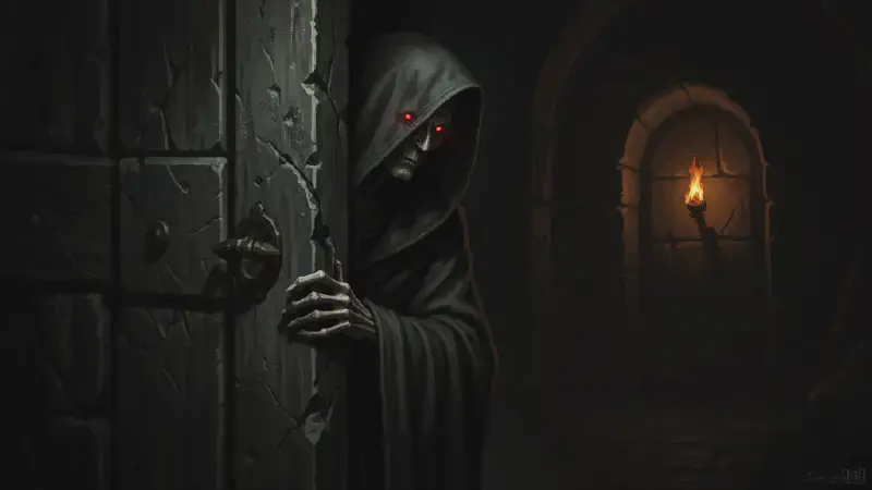 A tall, gaunt, hooded figure with two tiny red points of light for eyes peers through a narrow crack in an ancient stone door, one impossibly thin hand curled around its edge, in near-total darkness lit by a single distant torch.