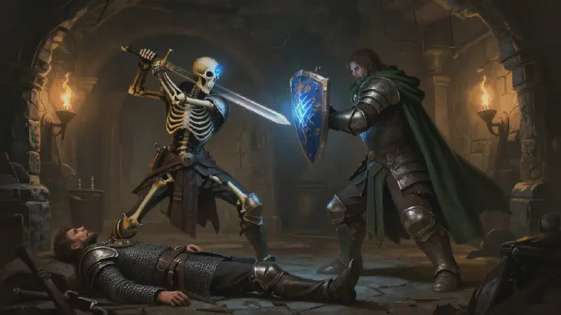 The sapphire skeleton swinging a longsword at Bancroft’s glowing shield in a torchlit corridor, Tarford dead on the flagstones between them