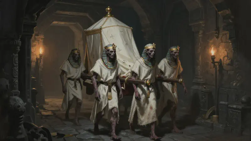Four zombies in white tunics and gold headbands carrying a curtained palanquin down a dark stone corridor, glimpsed through a barely opened door