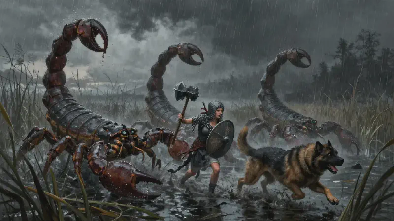 Three enormous scorpions closing in through rain-lashed swamp reeds, a woman in a mail coif swinging a mace with her shield up, a large war dog running past her through the mud, grey driving rain