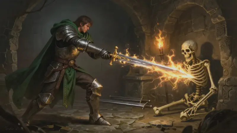 A broad-shouldered man in plate armour and a green cloak driving a sword wreathed in fire through a skeleton in a torchlit barrow chamber, a plain longsword lying discarded on the flagstones behind them