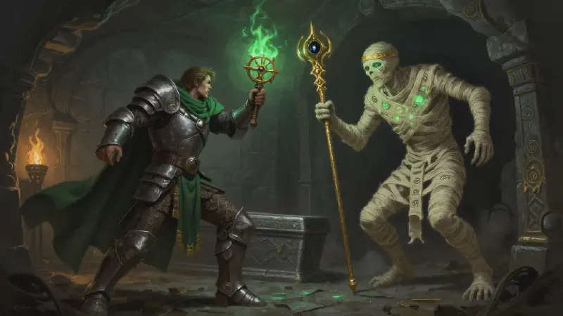 A cleric in a green cloak holds up a holy symbol as a linen-wrapped mummy recoils into the corner of a tomb