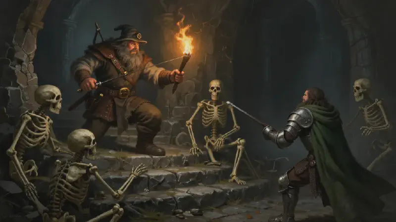 A dwarf archer strikes a torch alight in pitch darkness, revealing stone-crusted skeletons on the stairs