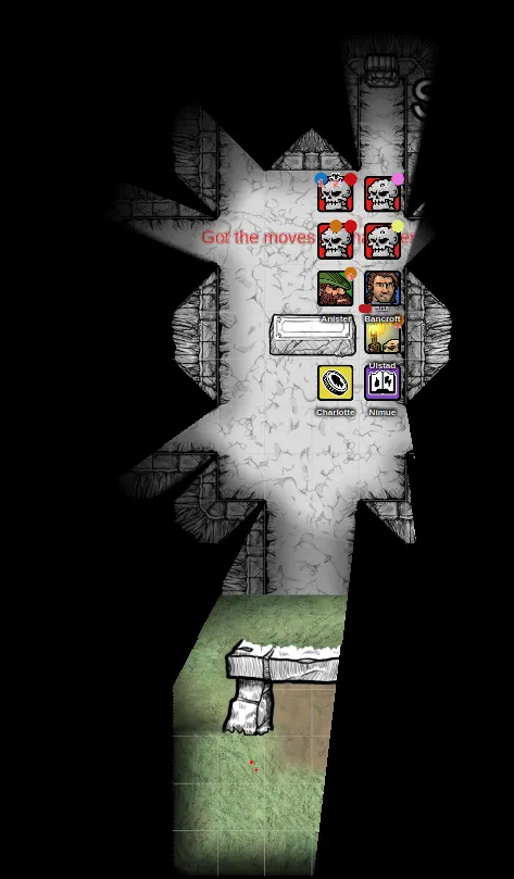 The Roll20 board at the end of the night: four fossil skeletons on the party at the top of the stairs
