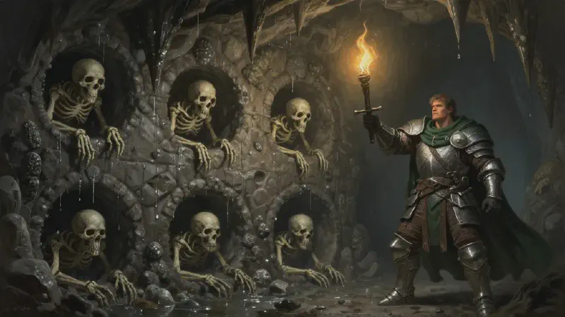 Stone-crusted skeletons crawl from round burial alcoves in a dripping crypt