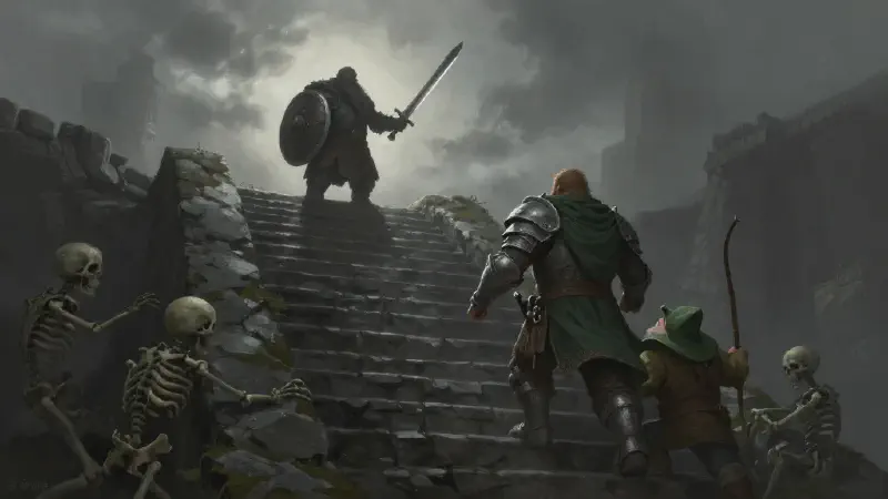 A short, squat dwarf with a round shield and a broad sword stands silhouetted at the top of a barrow stairwell as a plate-armored man and a dwarf archer in a green hat climb toward him, with stone-crusted skeletons clawing up behind