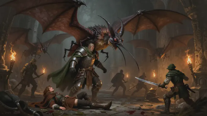 Giant stingbats with needle beaks swarm a torchlit crypt, one clinging to a cleric in plate and green cloak while a halfling lies fallen on the flagstones