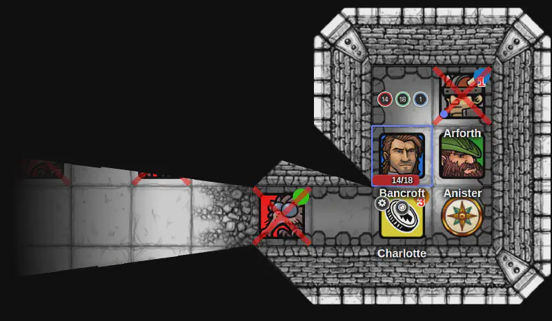 The Roll20 board at the end of the night: Arforth dead in the top room, Bancroft at fourteen of eighteen, Anister and Charlotte beside him, and a dead stingbat in the hall